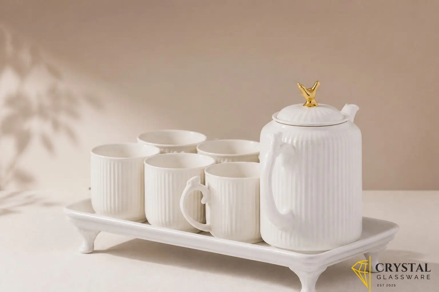 Imported white bone china coffee / Tea set with 6 cups, a teapot, and a tray